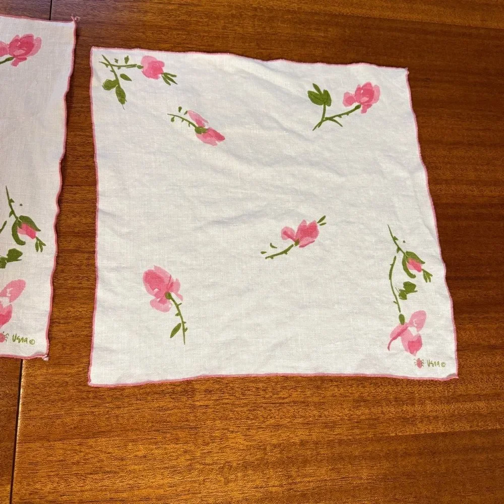 Vintage Vera Neumann Dining Linen Napkins White with Pink Rose Set of 3
